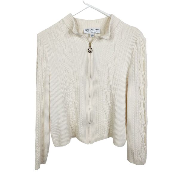 St. John Collection Size 6 Off White Ivory Ribbed Knit Zip Front Jacket Sweater - Picture 2 of 11